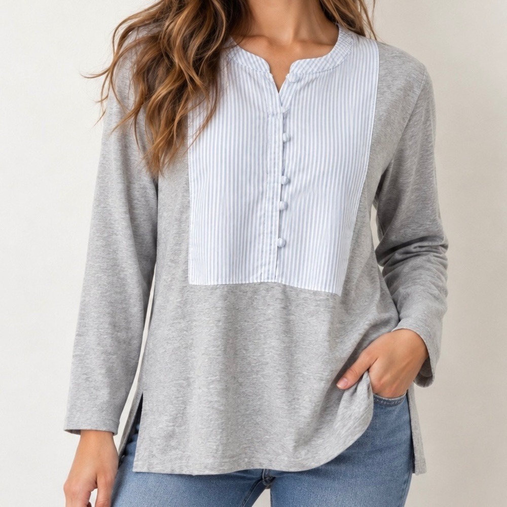 J.Crew Mixed Media Striped Bib Knit Top Heather Grey Blue K3641 Womens Small
